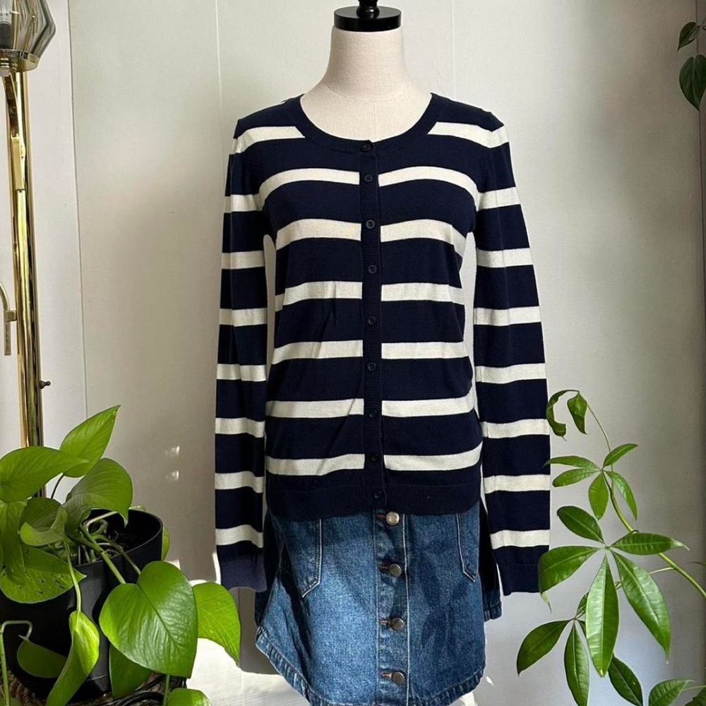Forever 21 Navy White Striped Button Up Cardigan Scoop Neck Navy Blue Medium